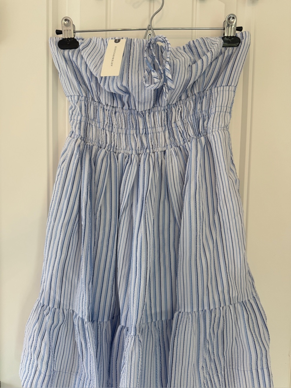 Anthropologie Blue & White Strapless Smocked Tiered Mini Dress